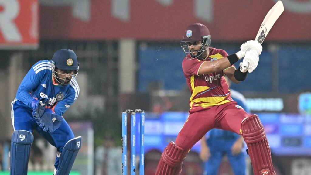 Shai Hope batting for West Indies against India in the second T20I in Ranchi